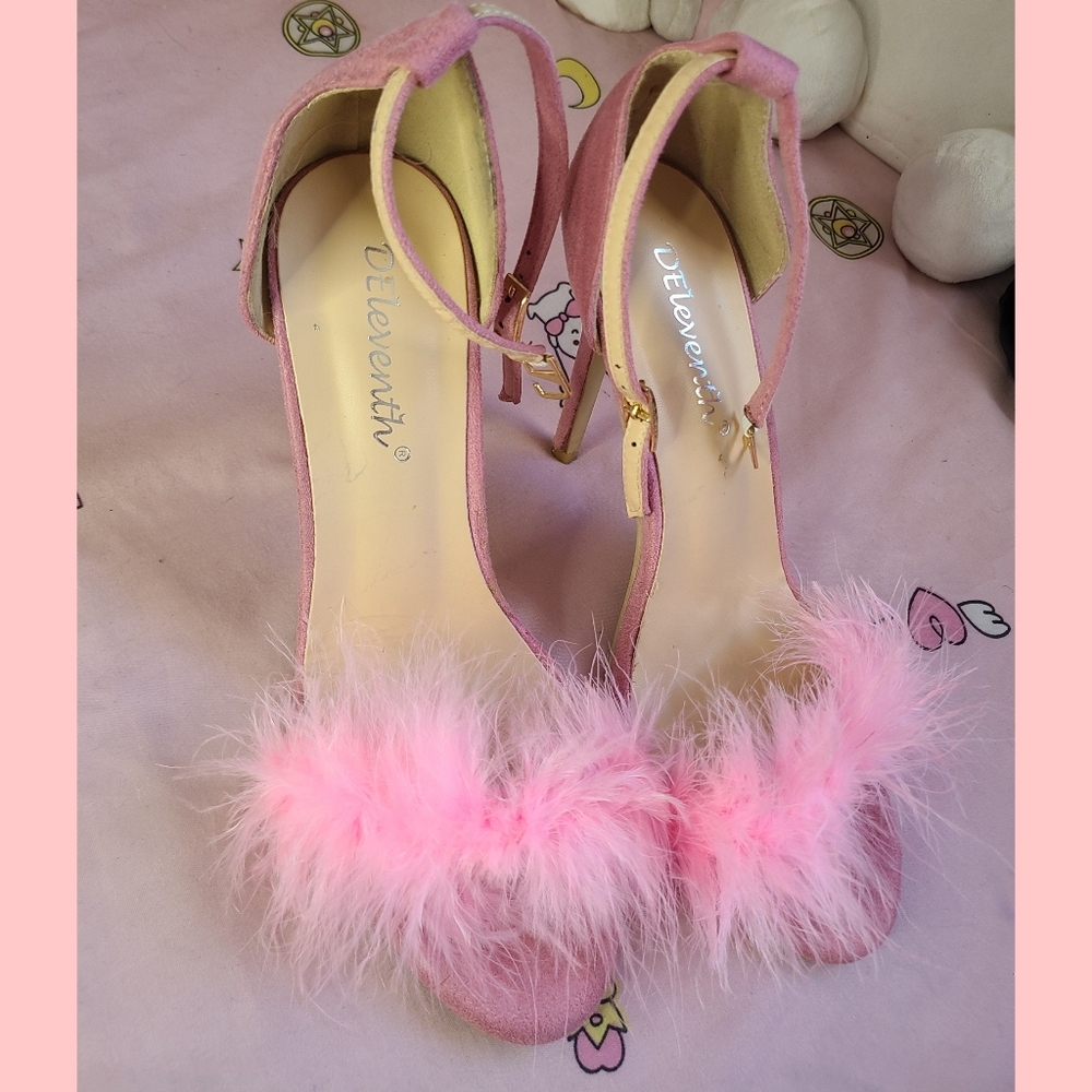 Fluffy feather lace up high heels Sandals barbie